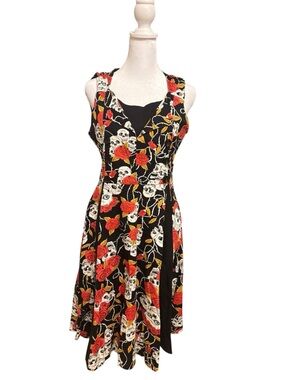 Black Floral & Skull Print Sleeveless Dress
